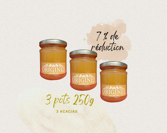 Image illustrant notre promotion sur 3 pots de miel d'acacia de 250 g, bénéficiant d'une réduction de 7 %