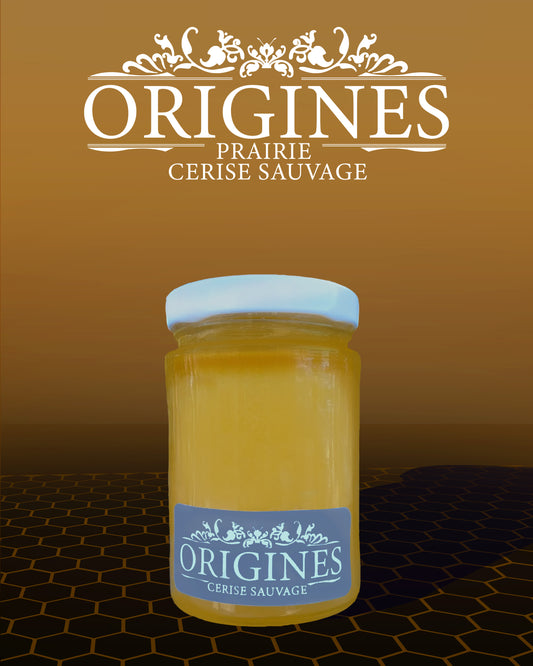 Pot de miel de cerisier sauvage de 250 g, étiqueté avec soin, contenant un miel d'une couleur doré claire, capturant la riche saveur de cette variété de miel rare et délicieuse.
