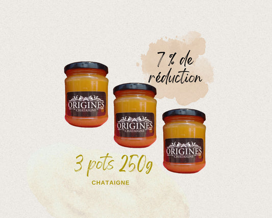 Image illustrant notre promotion sur 3 pots de miel de châtaigner de 250 g, bénéficiant d'une réduction de 7 %