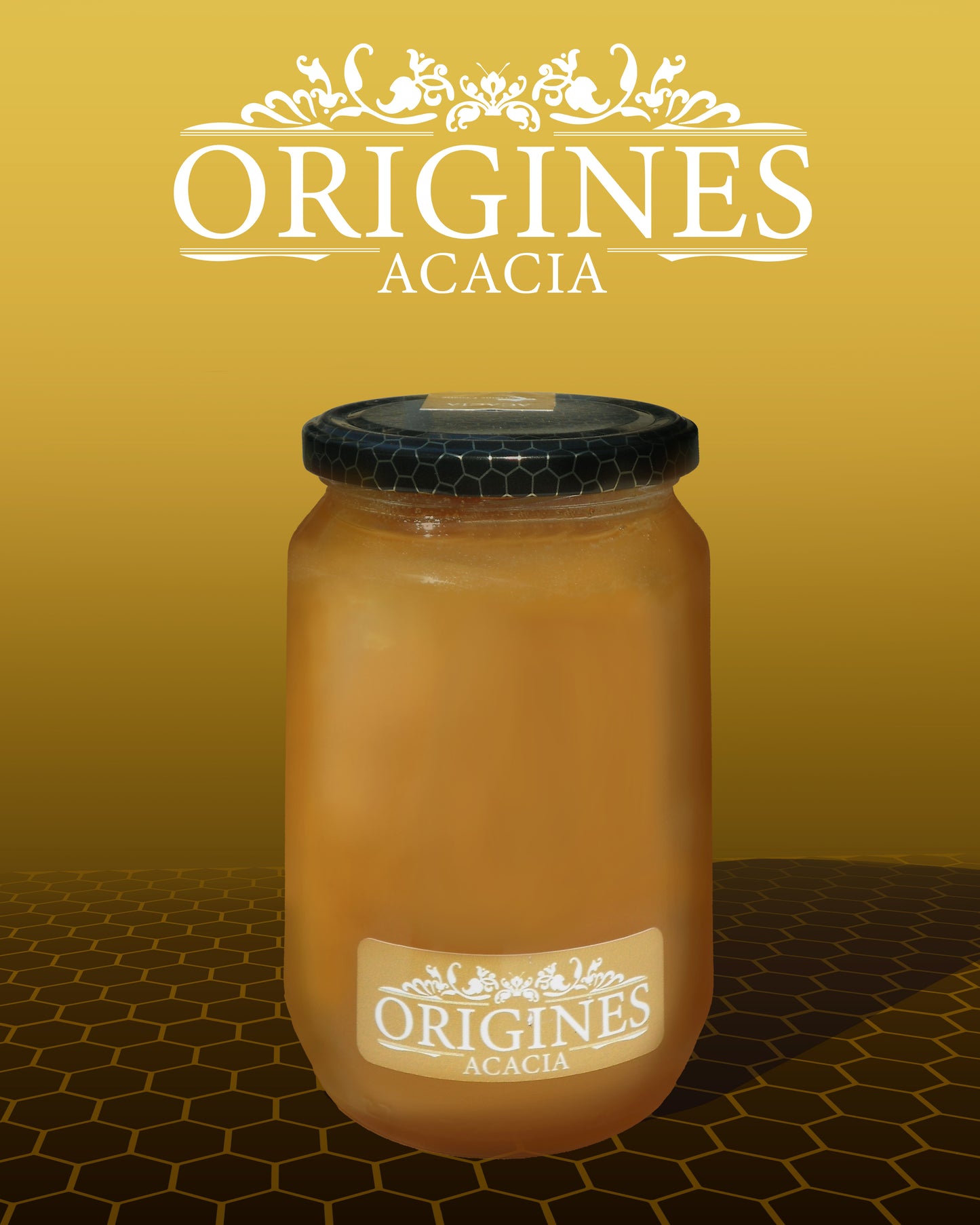 Notre pot de miel d'Acacia de 900 g, étiqueté avec soin, contenant un miel doré et lumineux.