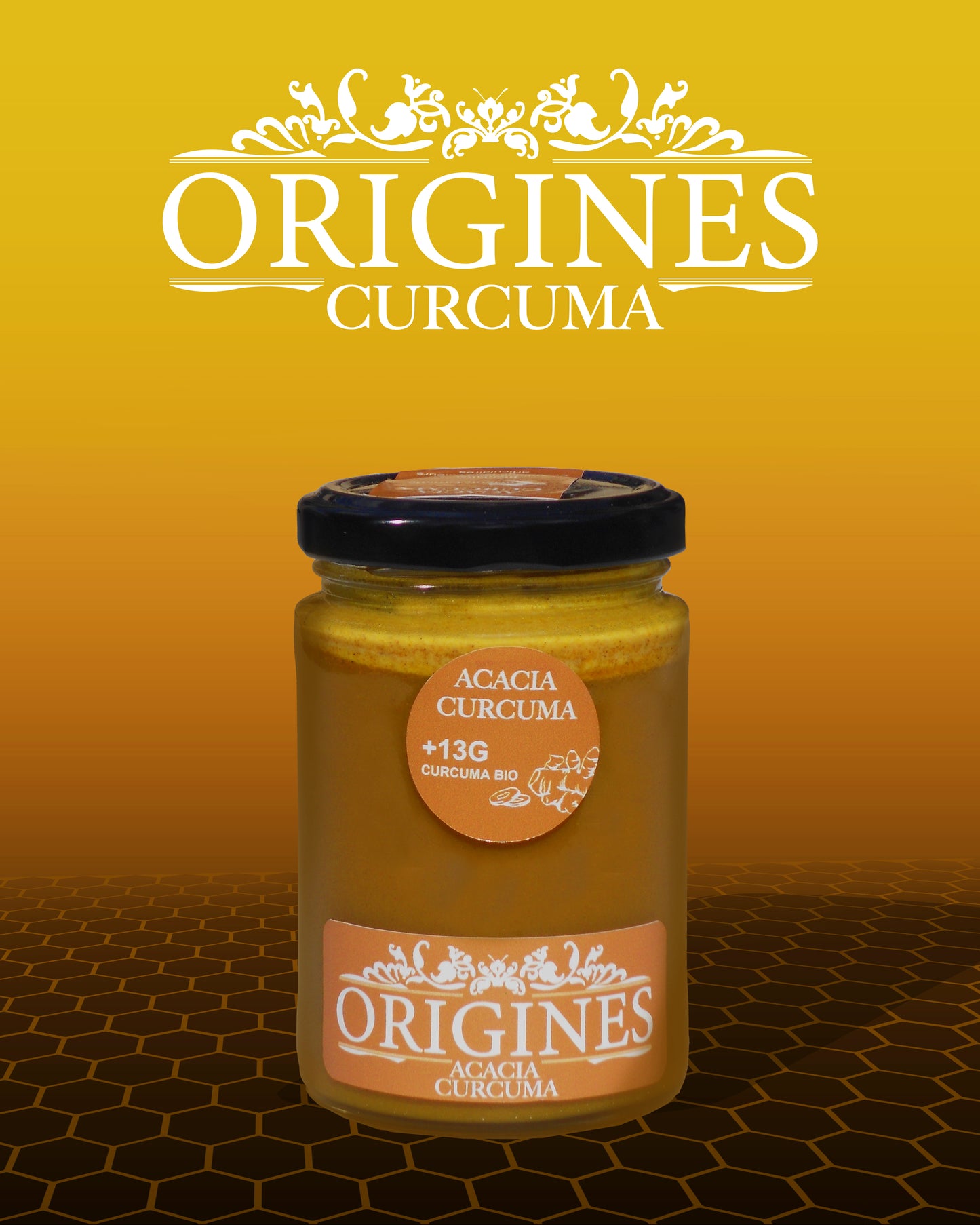 Notre pot de 250 g de miel au curcuma, une combinaison savoureuse et bénéfique.