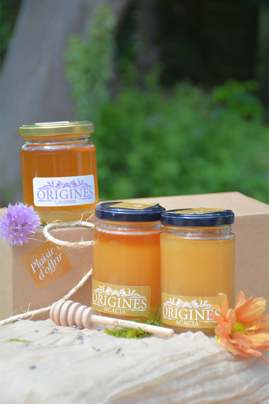 Coffret cadeau de miel mettant en valeur notre deux pots de miel Acacia, miel de lavande Origines, avec une cuillère à miel, dans un bel environnement.