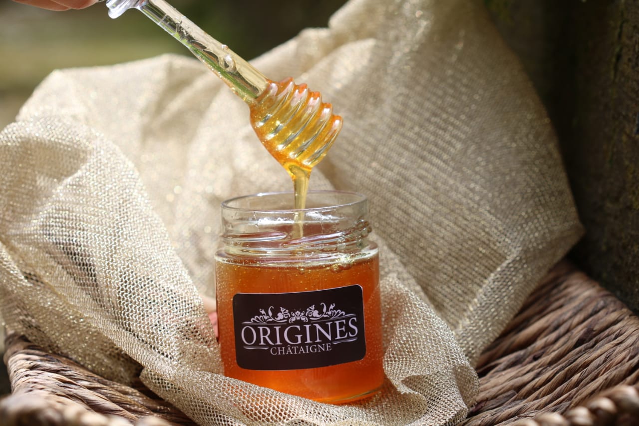 notre pot de miel de châtaigne, avec une cuillère délicatement plongée dans le miel doré, capturant sa texture lisse et sa couleur ambrée.